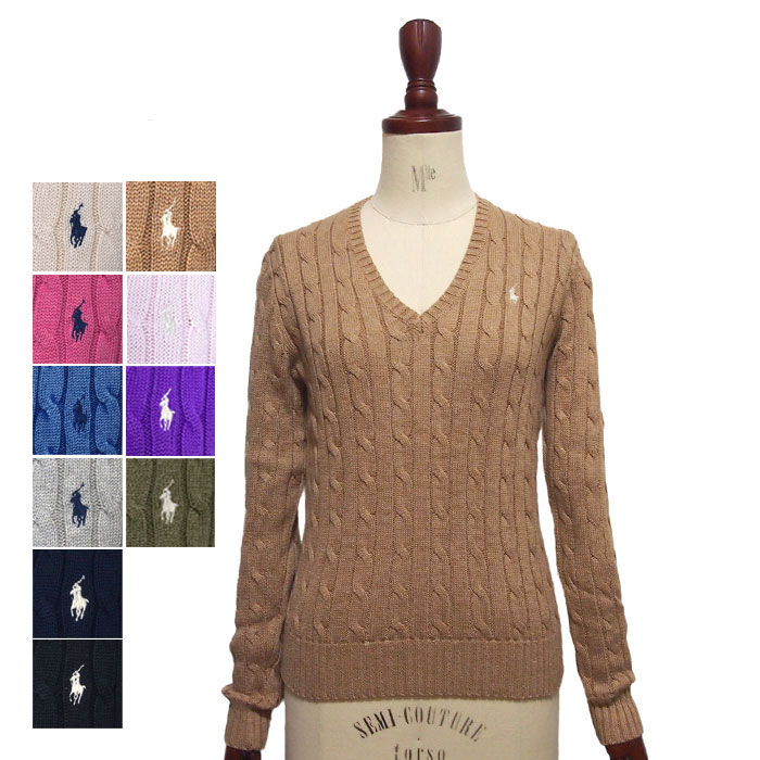 ラルフローレン ポロ レディース ケーブル編み Vネック コットンニット