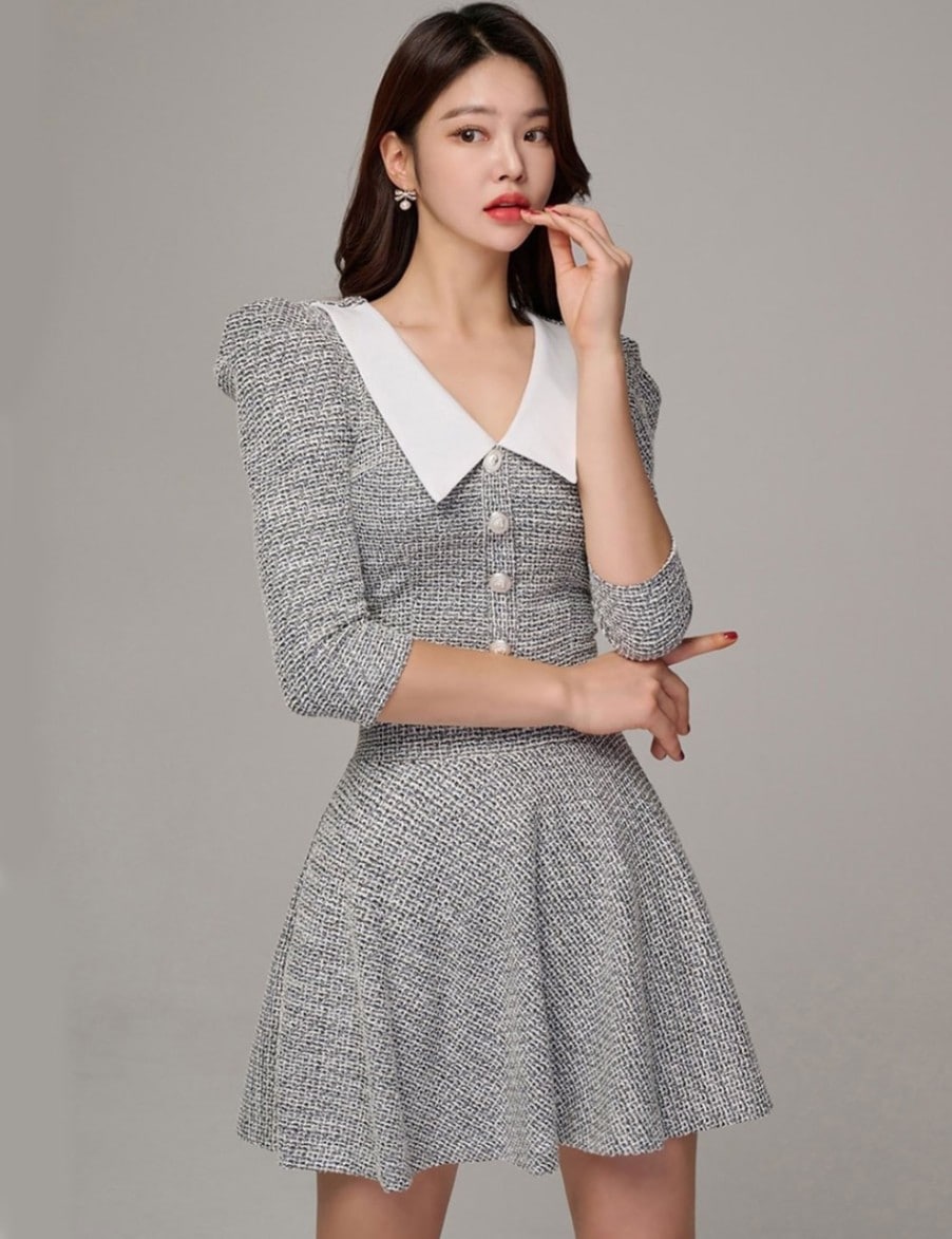 AIDMAX】ミニ/ドレス/セットアップ/ブラック/フレア/ツイード/ボタン