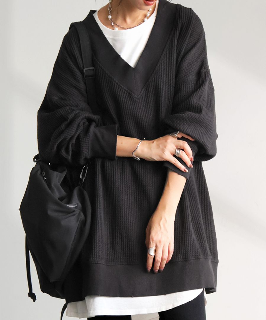 ピグメント加工 鬼ワッフル VネックPO レディース 送料無料・再入荷