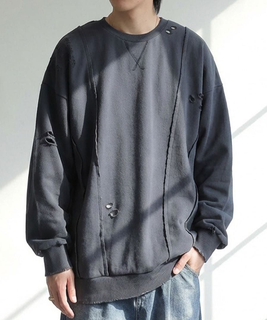 ダメージ加工 スウェット メンズ トレーナー 送料無料・メール便不可