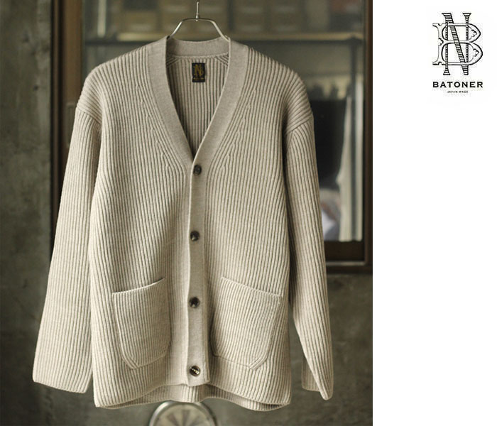 美品】秋冬物 BATONER ハイカウントリブ カーディガン 2 M 若草色