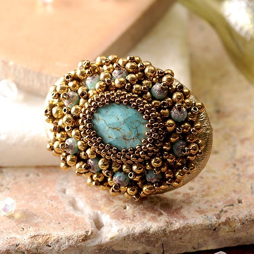 ターコイズアンティークブローチ 【ビーズ 刺繍】 【作家：渡辺七重（N