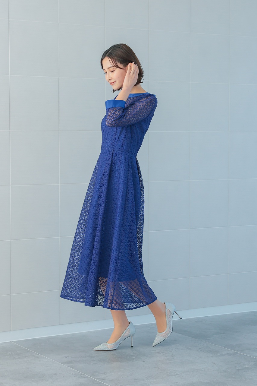 ジオメトリックレースドレス ブルー/M｜結婚式のパーティードレスなら
