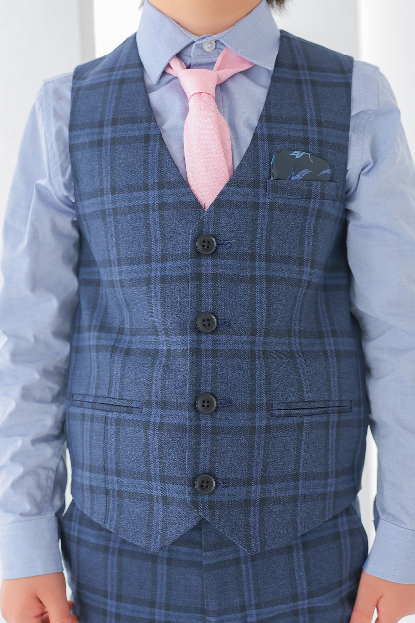 Boys ネイビーチェックベストスーツセット 120-125cm(シャツ/ベスト