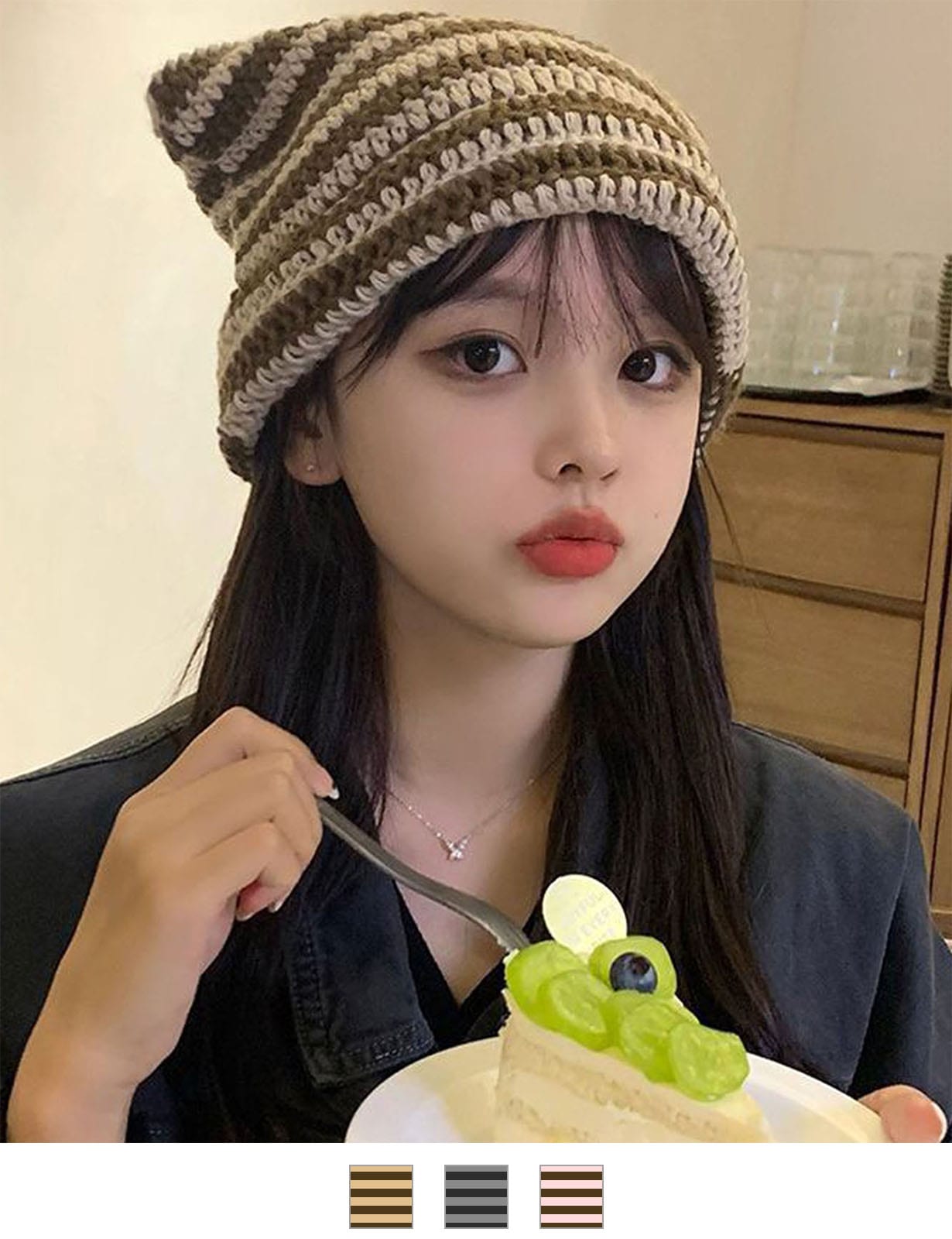 DEVICE select 猫耳 Y2K ボーダー ニットキャップ スクエアワッチ