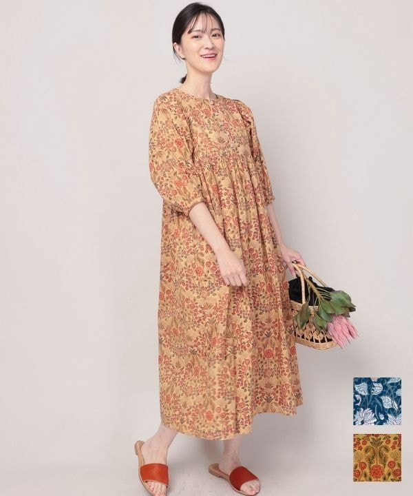 ヴィンテージのようなブロックプリントコットンワンピース｜KANKAN