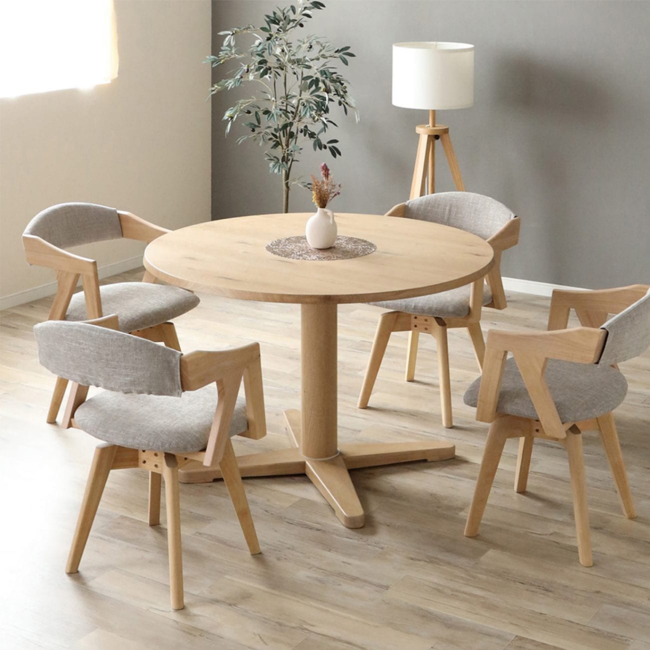 ダイニングテーブル 5点セット 幅110cm｜丸テーブル 無垢材 360度回転