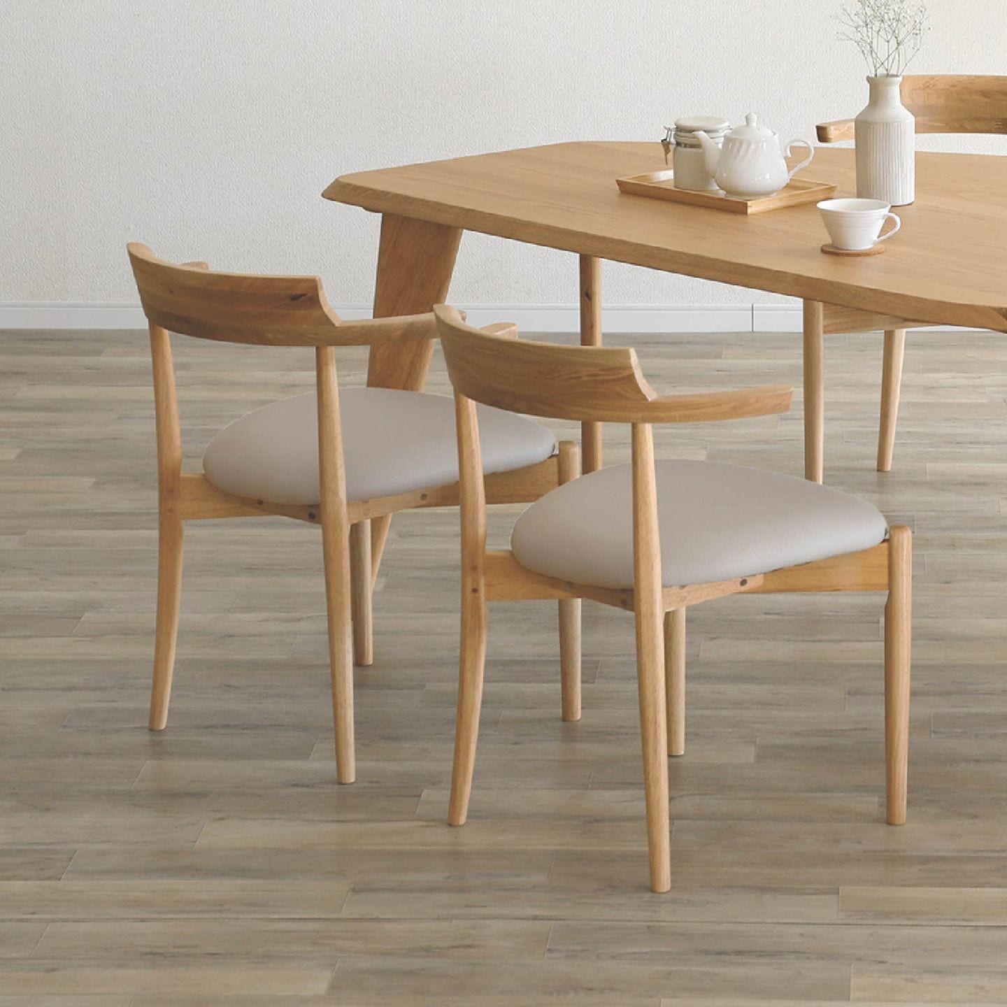 2脚セット】［座面高43.5］ ホワイトオーク無垢材 ラバー材 肘付き PVC