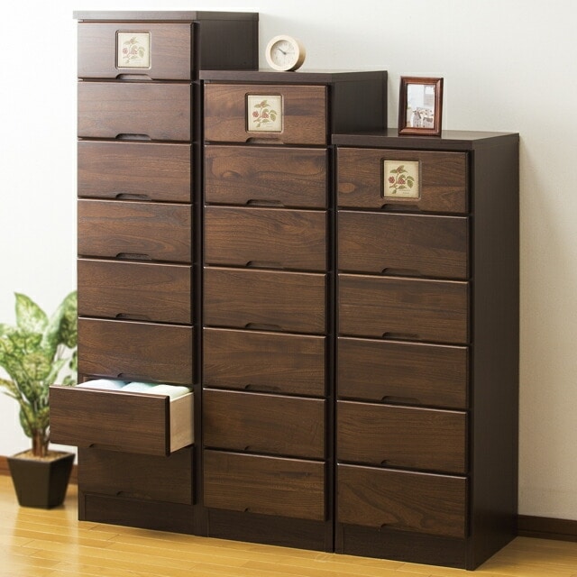 大川産 天然木タイル付きスリムチェスト 7段｜ファミリー・ライフ公式通販