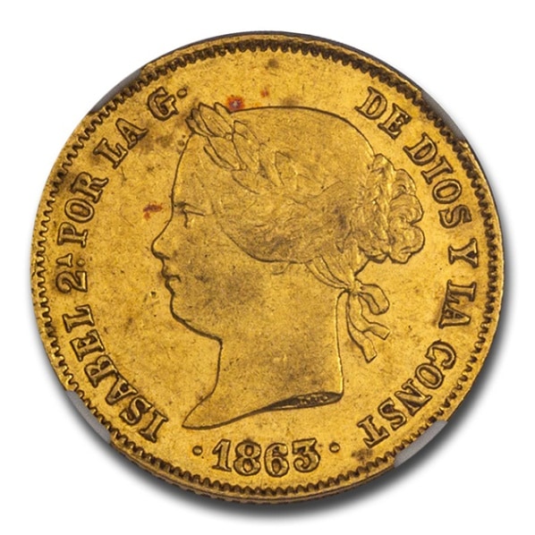 イサベル2世 (スペイン女王) 4ペソ金貨 フィリピン 1863年製 MS-61 NGC