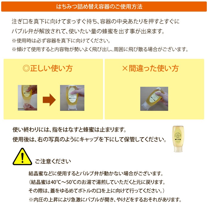 はちみつ詰め替え用ポリ空容器（小）逆止弁キャップタイプ 300g用