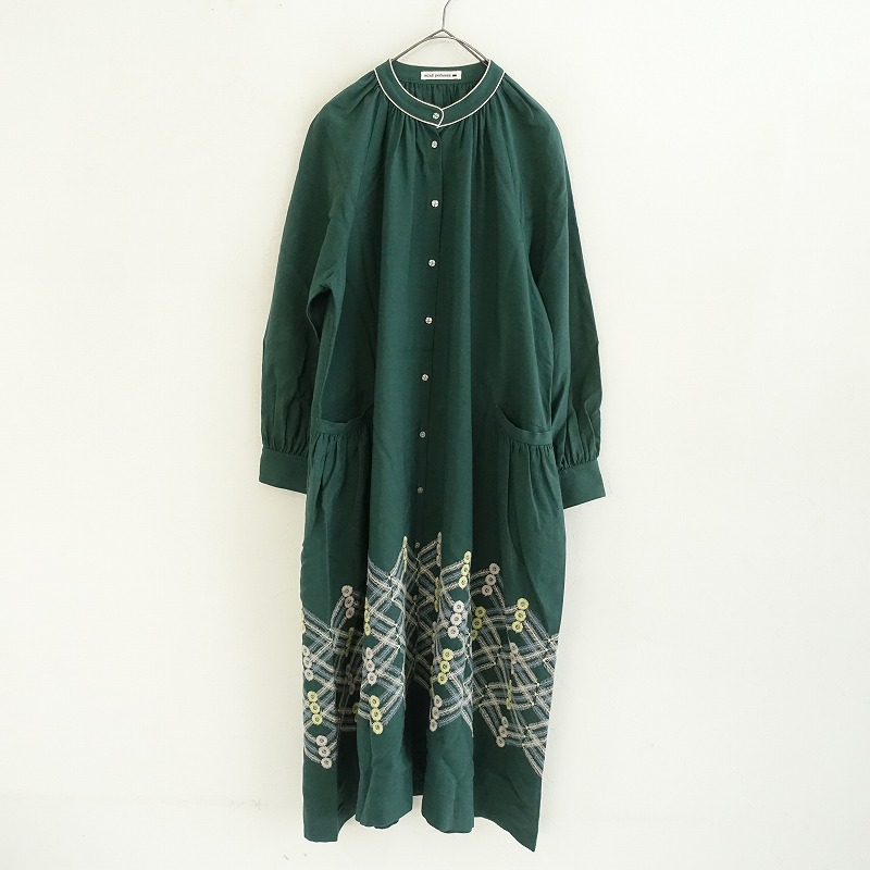 ミナペルホネン happa ダークグリーン 七分袖 ひざ丈ワンピース 38