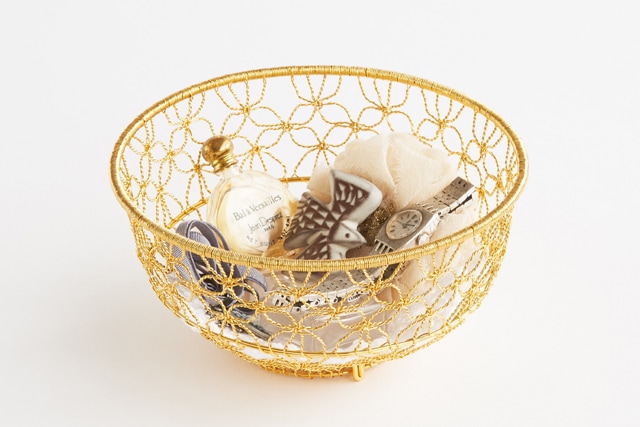 円形かご 七宝編み(約)直径13.5×高さ7cmゴールドコーティング