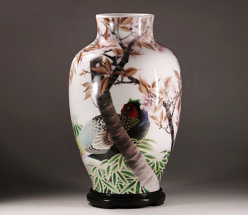 陶器の花瓶 鳥と花のデザイン Vintage Ceramic Bird flower vase