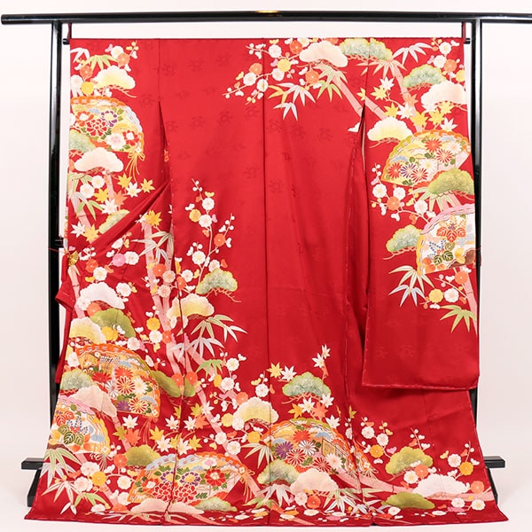 染匠 久保耕】京友禅振袖 (赤地 松竹草花扇面柄)仕立上価格 送料無料