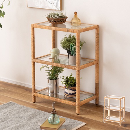 ナチュラ】ガラスシェルフ（ワイド）｜GUY-258｜天然ラタンと透明感の