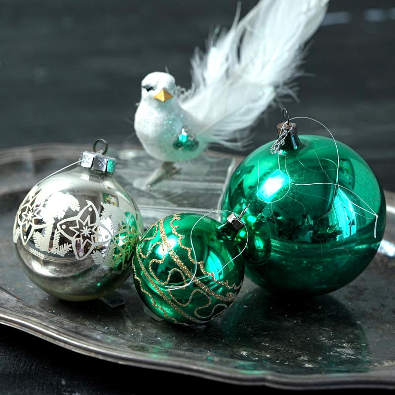 ヴィンテージガラスオーナメントと小鳥のオーナメント4点セット gx