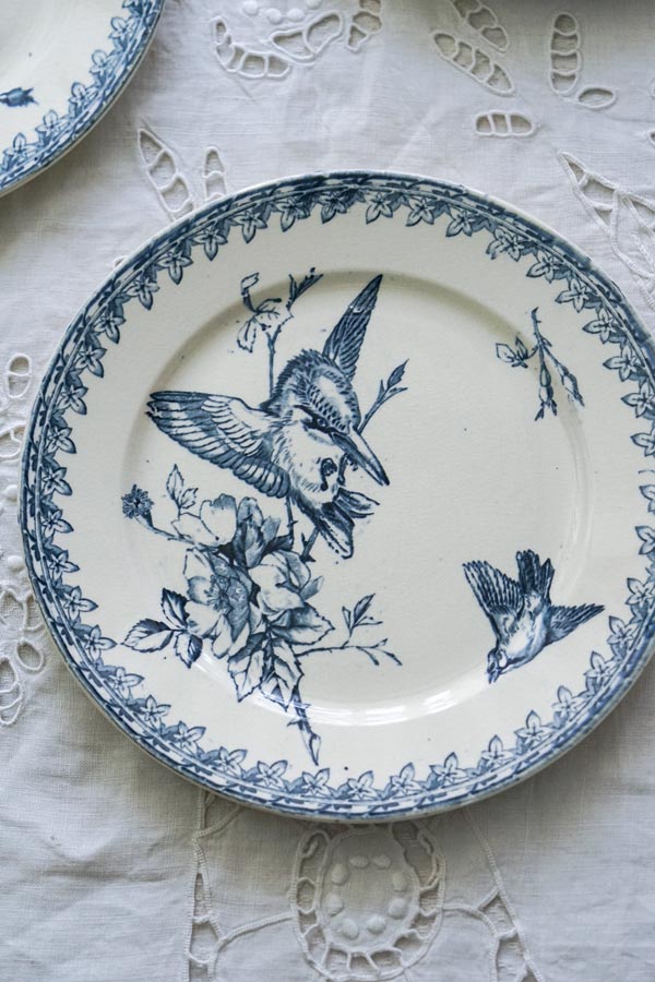 レア！フランスアンティーク水色黒い小鳥とお花手描きのホーロー