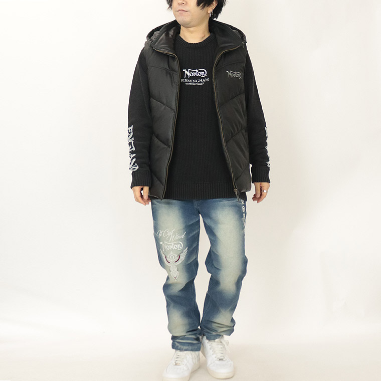 極美品】Norton フードライナー 中綿デニムベスト 刺繍ロゴ デカロゴ
