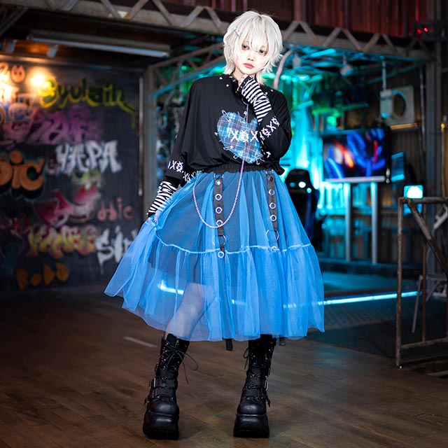 ベルト装備ふわふわチュールスカート【BLACK】｜LISTEN FLAVOR