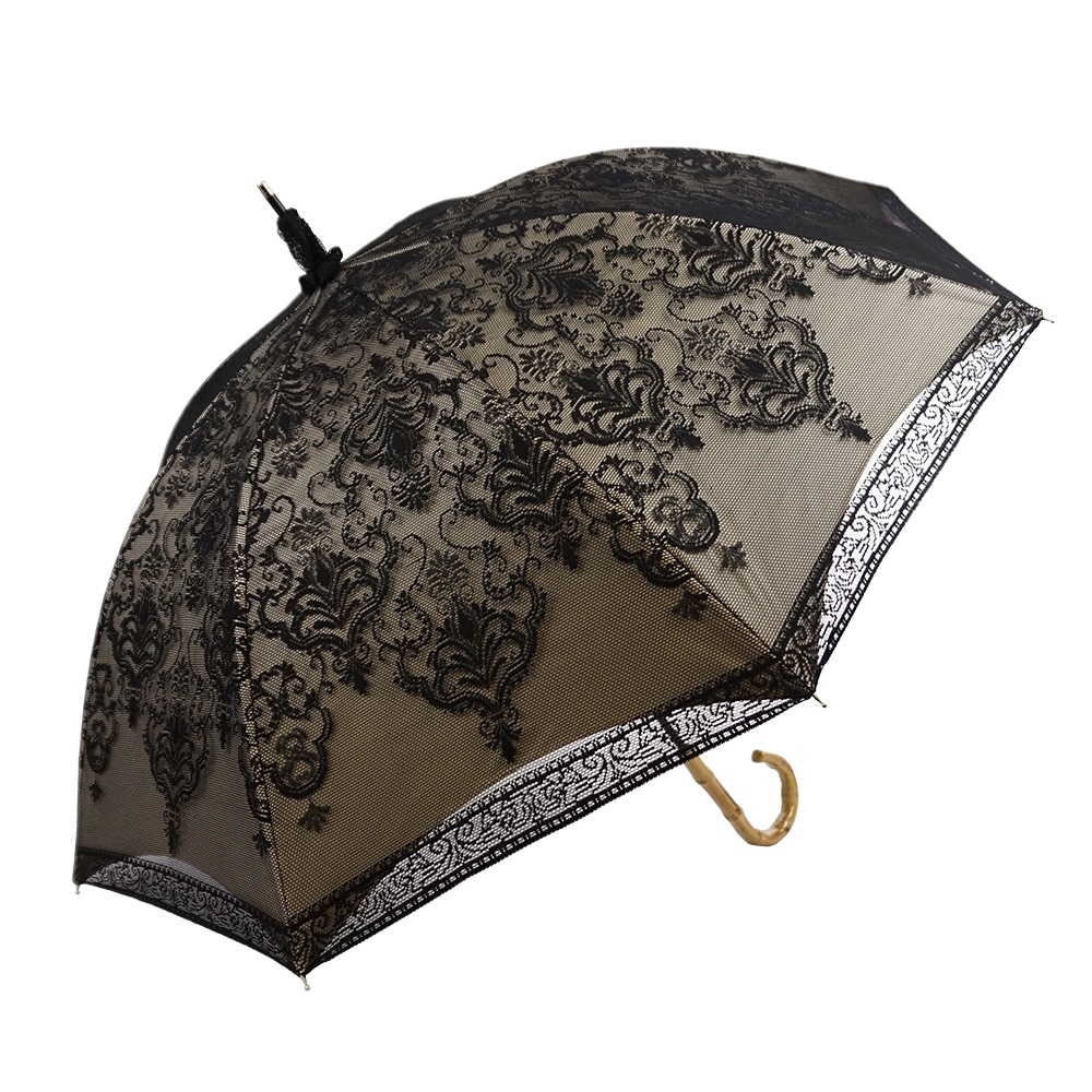 一級遮光 二重レースダマスク柄長傘 日傘/晴雨兼用傘 竹製ハンドル