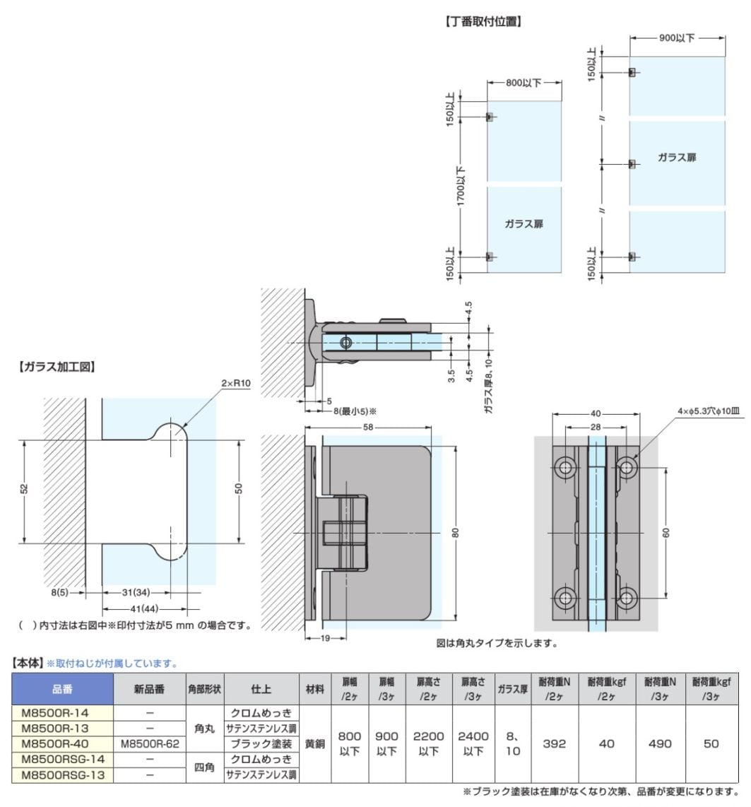 〇取寄品 [スガツネ工業] ガラスドア用自由丁番 M8500型 壁取付タイプ