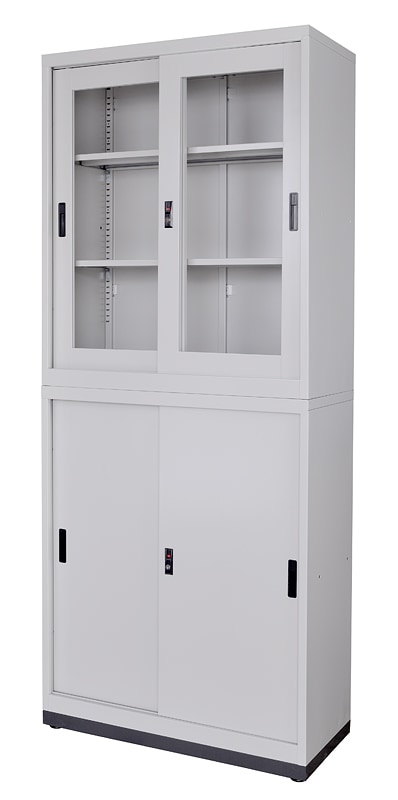 スチール書庫上下セット 上ガラス+下スチール引き戸書庫セット W900