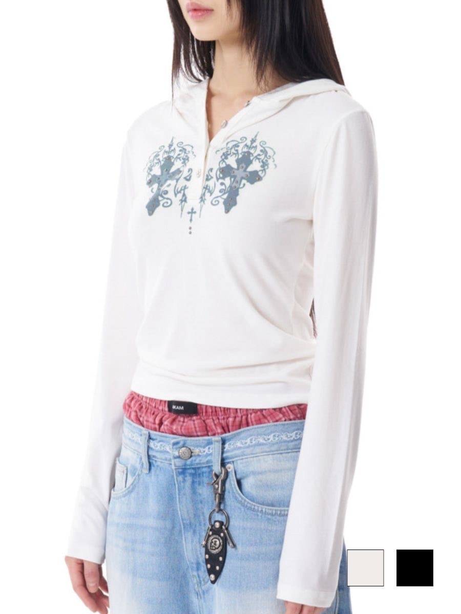 AAKAM】Studded CROS2 Hooded Long Sleeve | OUR BRAND,AAKAM