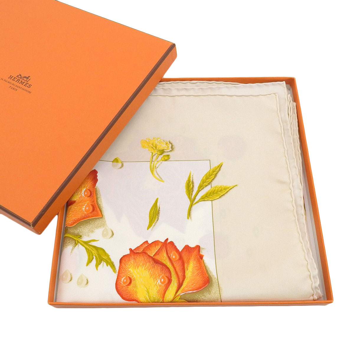 エルメス HERMES スカーフ90 フラワーデザイン シルク ベージュ