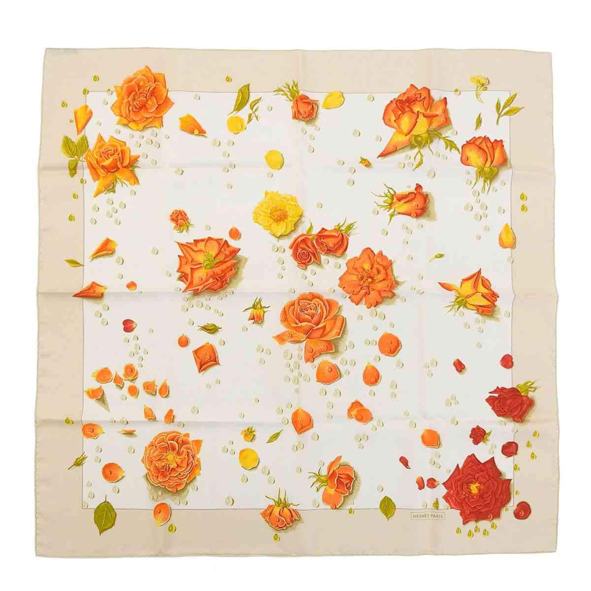 エルメス HERMES スカーフ90 フラワーデザイン シルク ベージュ