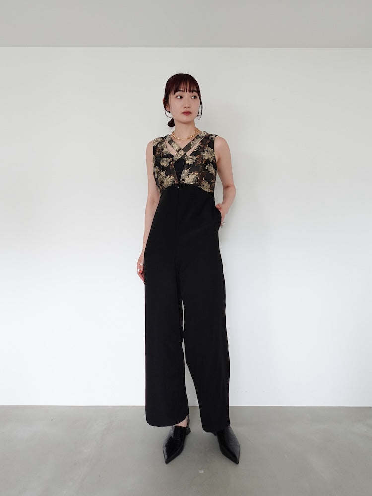 Cross Neck Jacquard Jumpsuits｜結婚式やお呼ばれに｜ジャガード