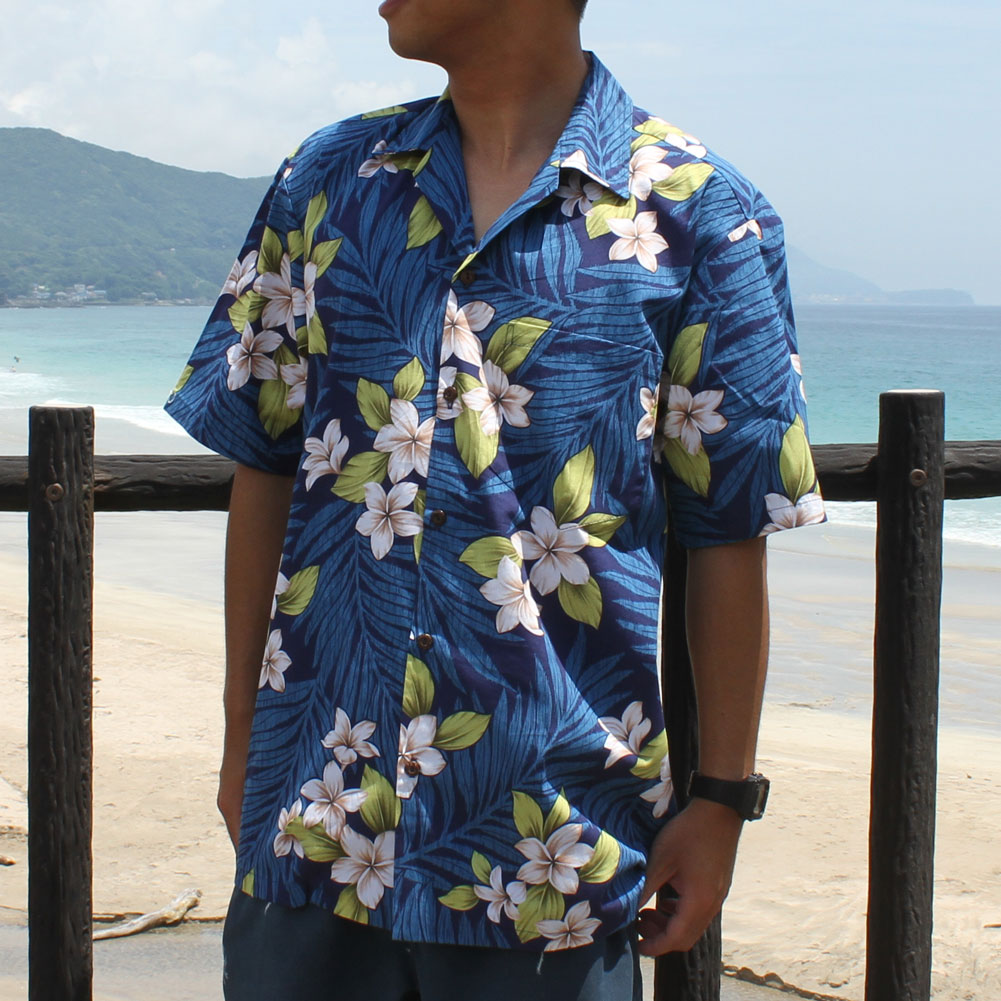 メンズ アロハ シャツ ブルー プルメリア ヤシ ハワイ製 コットン 綿