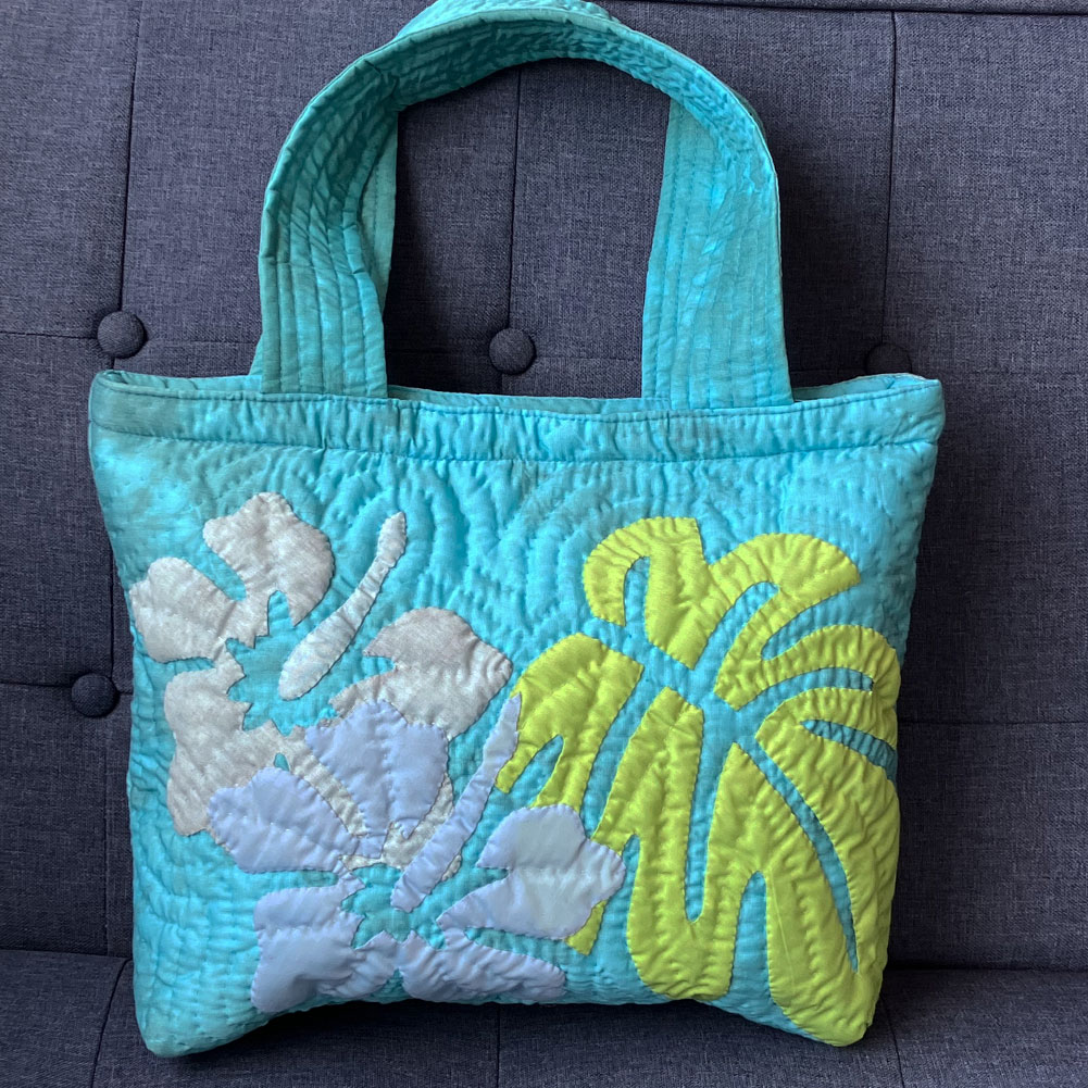 ハワイアンキルト ハンドバッグ むら染め ブルー ハイビスカス