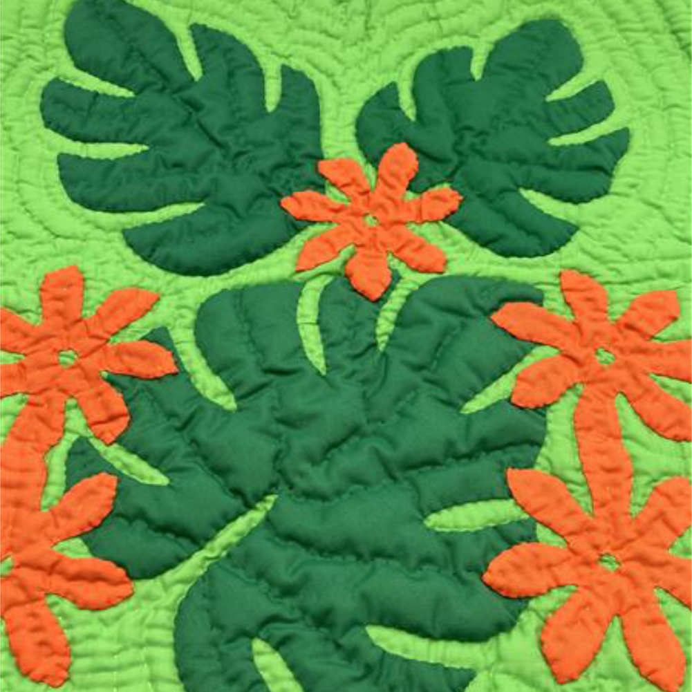 ハワイアンキルト クッションカバー グリーン モンステラ ティアレ