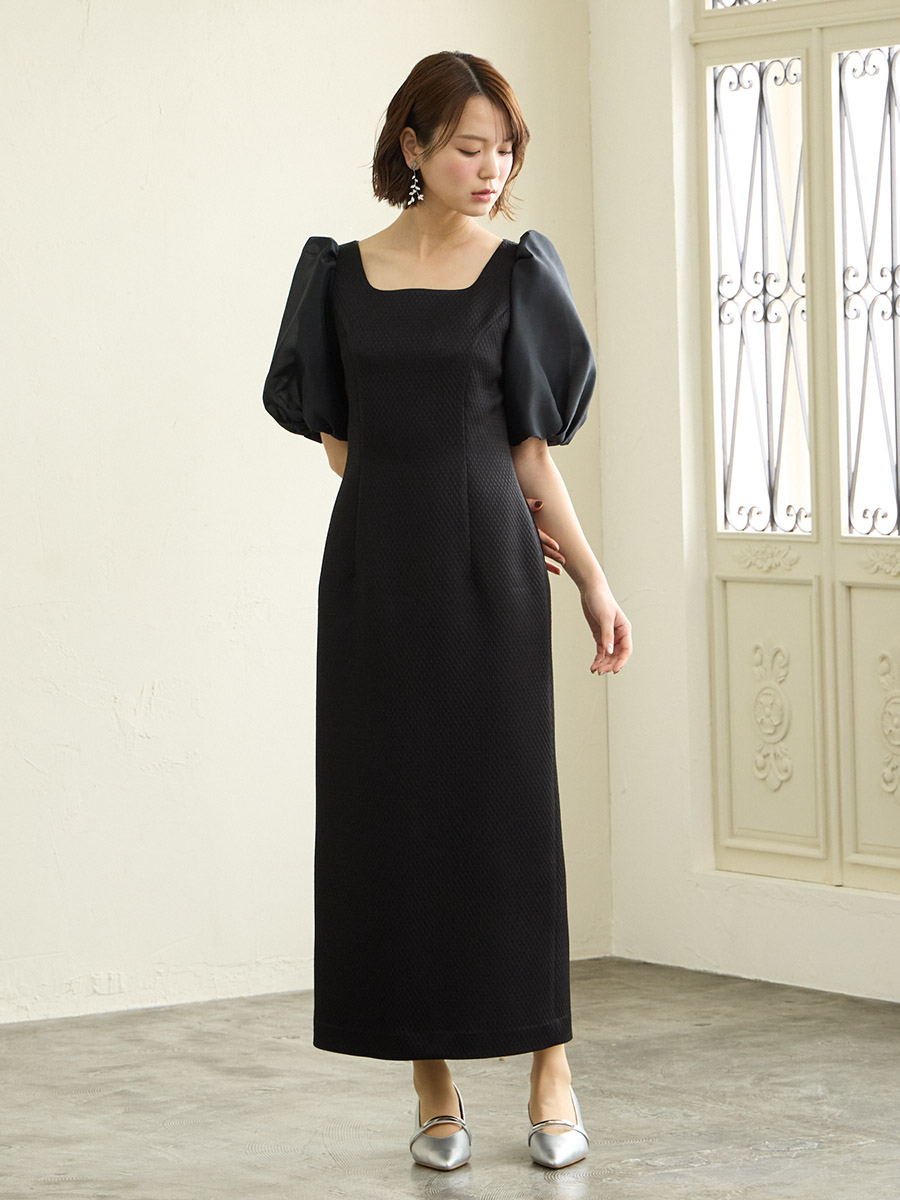 ジャカード×オーガンジーボリュームスリーブタイトドレス(M ブラック