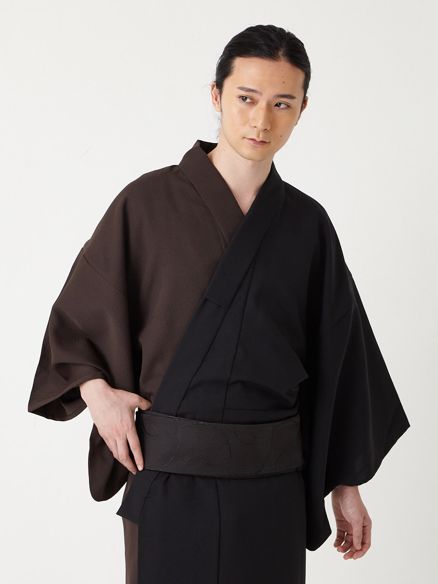 メンズ浴衣・帯 2点セット（ メンズ片見合わせ浴衣＋ 角帯 渦）(M