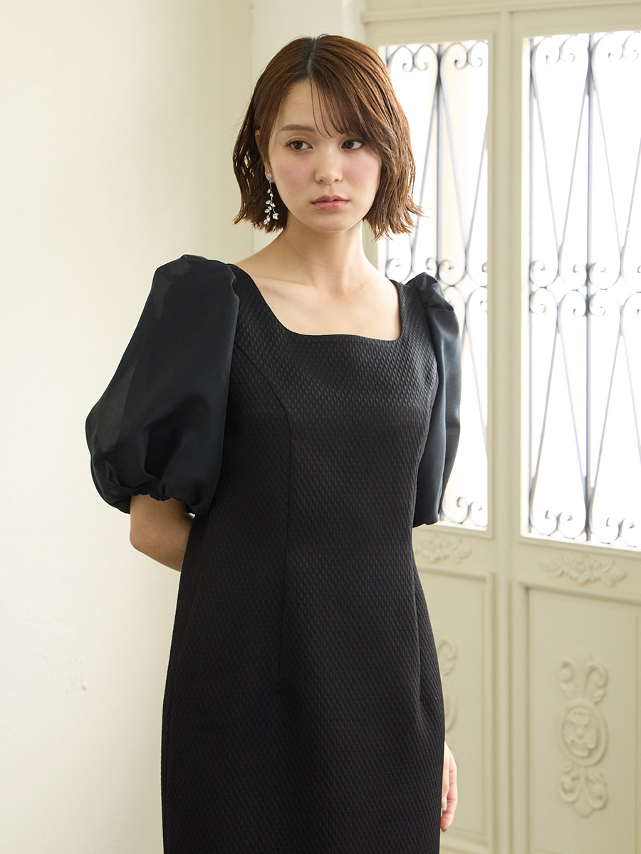 ジャカード×オーガンジーボリュームスリーブタイトドレス(M ブラック