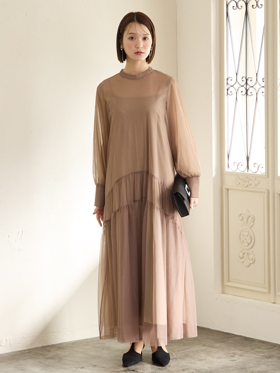 試着キャンペーン対象】ラメチュール×無地チュールプチハイネック