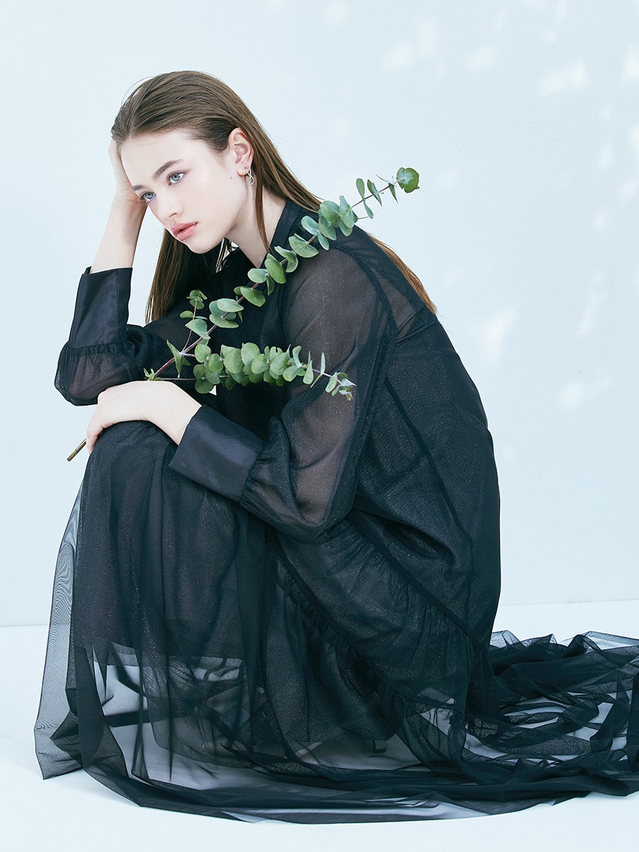 試着キャンペーン対象】ラメチュール×無地チュールプチハイネック