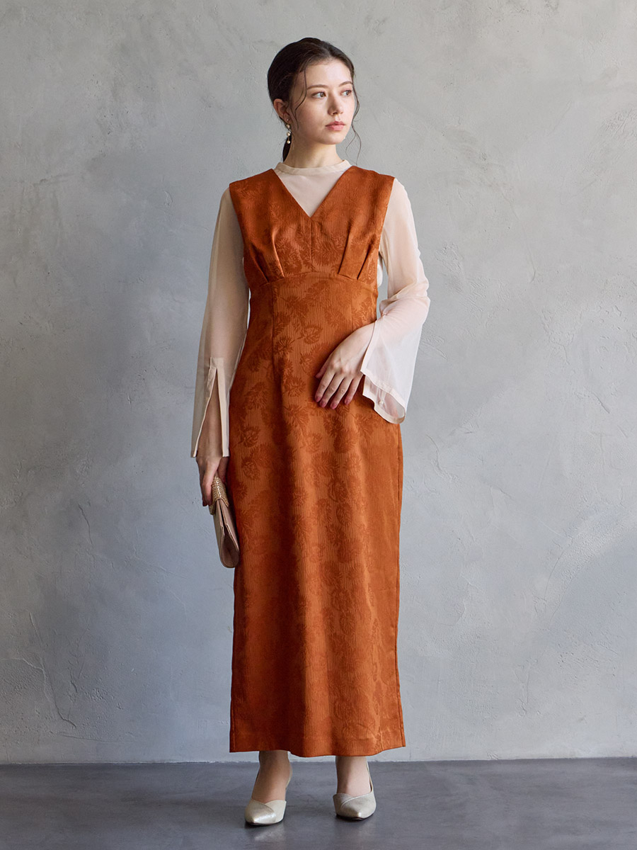 試着キャンペーン対象】チュールブラウス付きジャカードIラインドレス