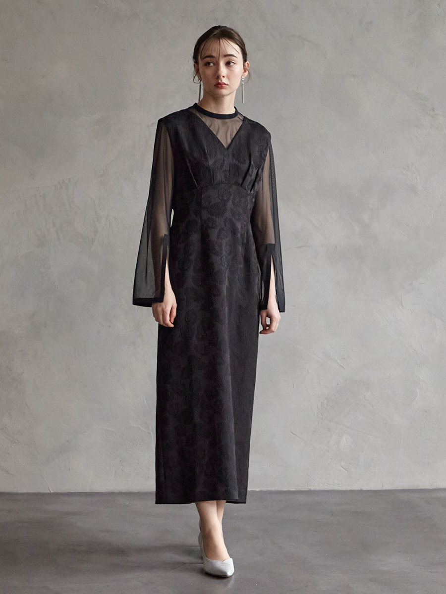 試着キャンペーン対象】チュールブラウス付きジャカードIラインドレス