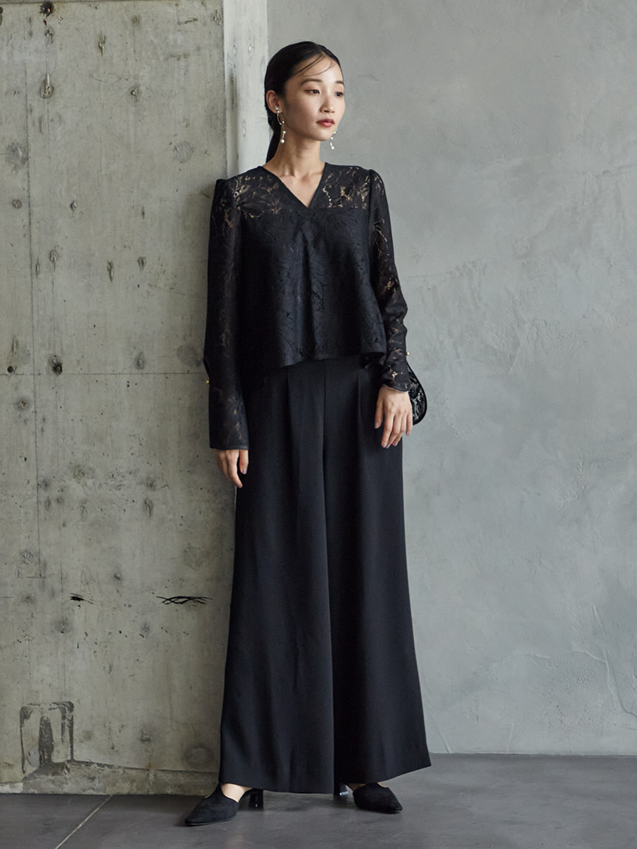 WEB限定】レースブラウス×パンツセットアップ(M ブラック): AIMER