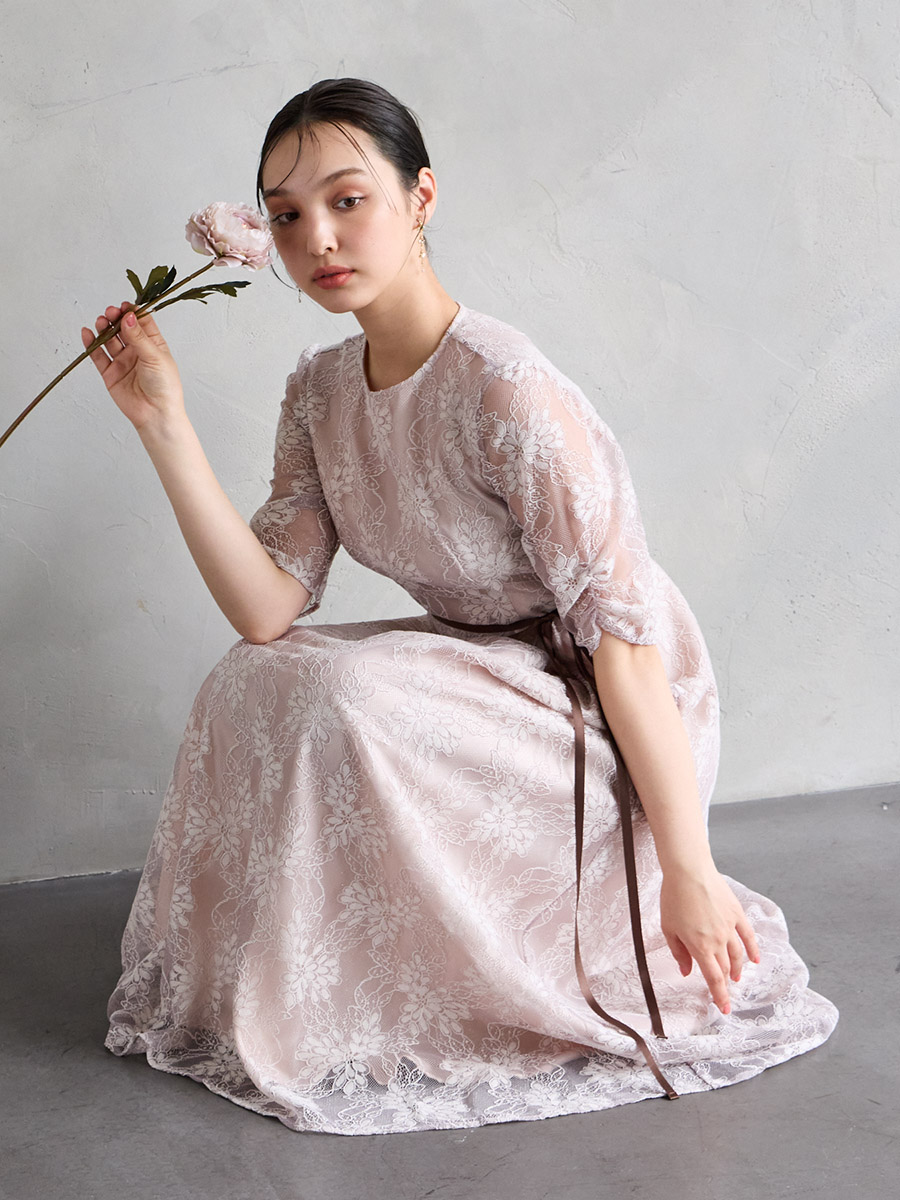 試着キャンペーン対象】サテンリボンベルトラメレースドレス(S ピンク