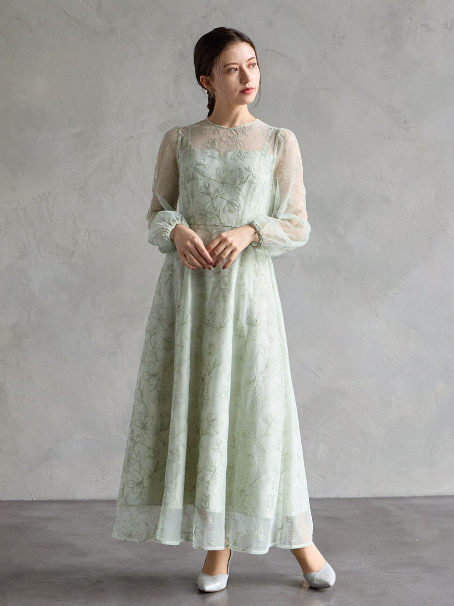 試着キャンペーン対象】スパンコールフラワー刺繍ロングスリーブドレス