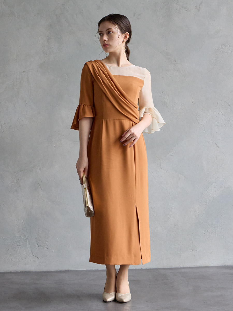 WEB/Aimer Acret店限定】アシンメトリー袖付きIラインドレス(M レンガ