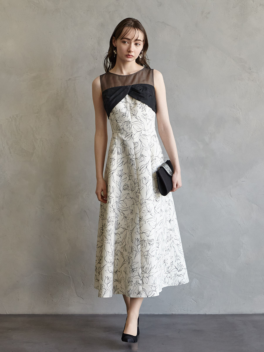 試着キャンペーン対象】配色花柄プリントフィット＆フレアドレス (M