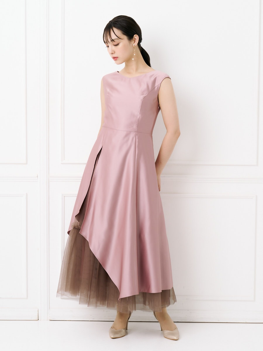 3WAYチュールスカート付きフィット＆フレアドレス(M ピンクベージュ