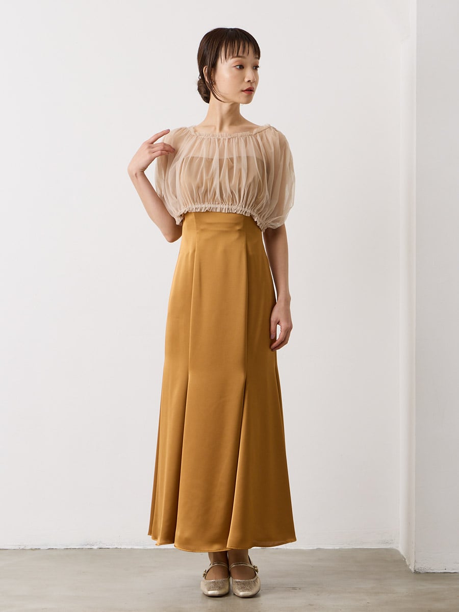 残りわずか】ブラウス付きソフトマーメイドアンクルドレス(M キャメル