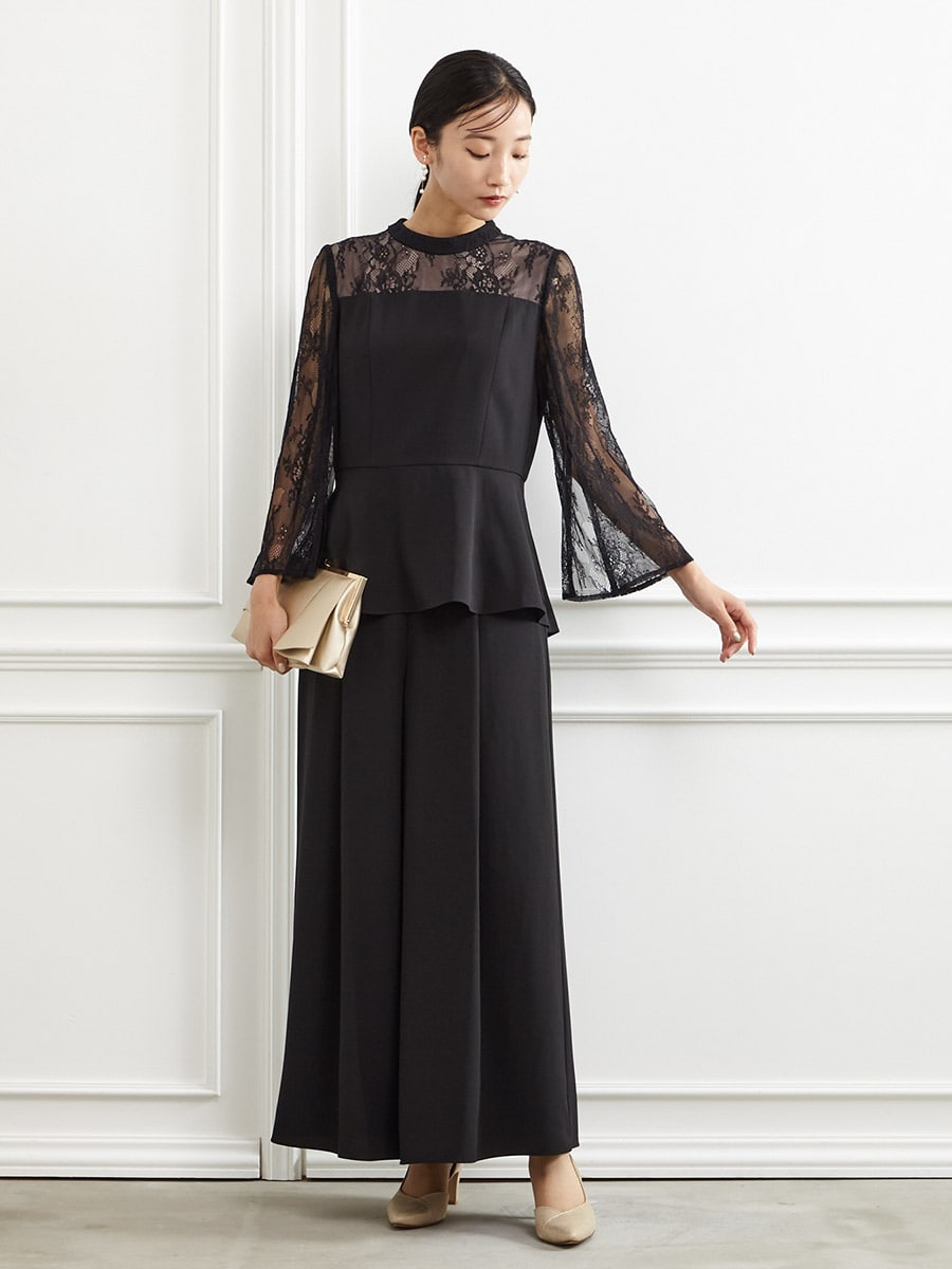 試着キャンペーン対象】レーススリーブペプラムブラウスワイドパンツ