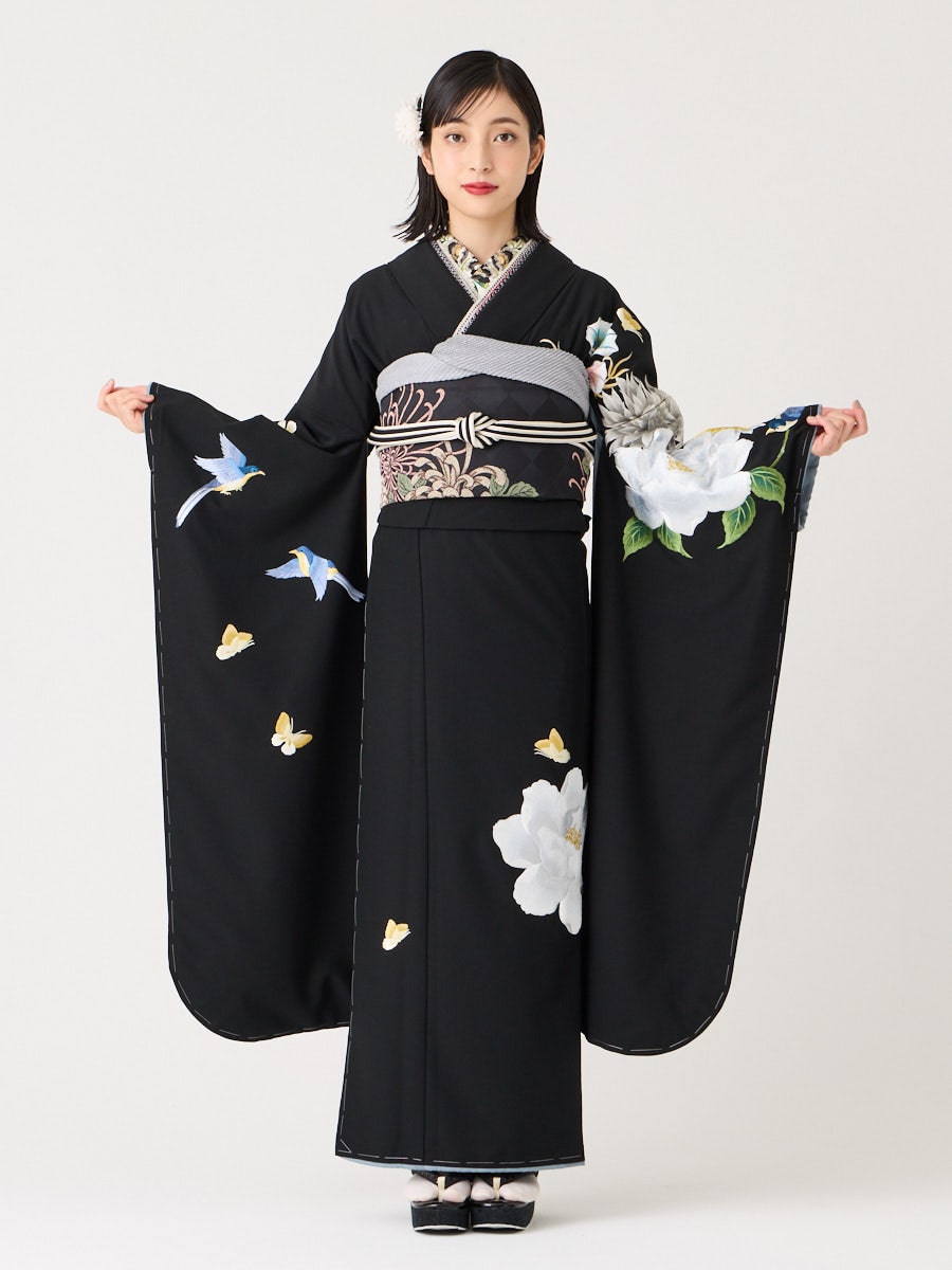 ラスト1点】振袖単品「 鳥蝶牡丹 」(FREE ブラック): ふりふ ｜ミマツ